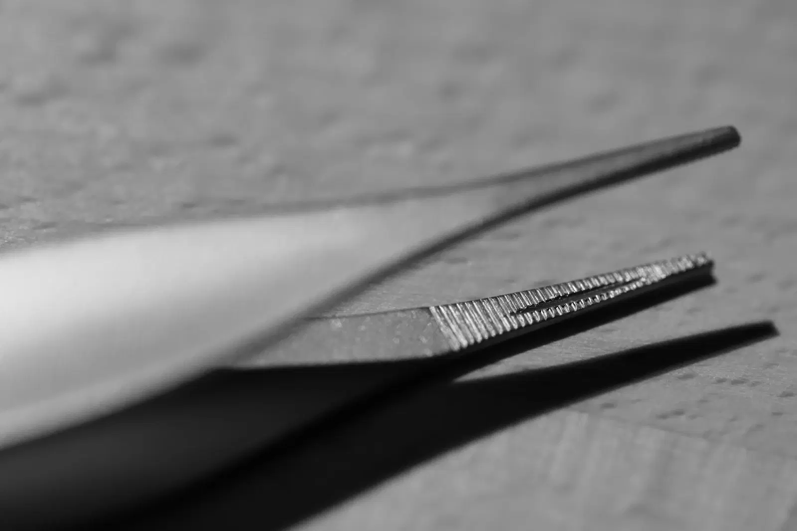 Black-and-white close-up of pointed metal tweezer tips