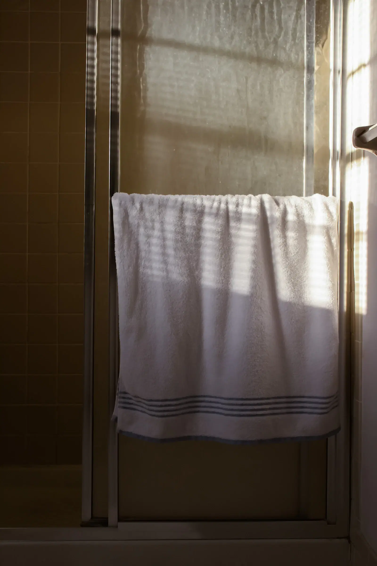 A white towel hanging over a glass shower door in morning light