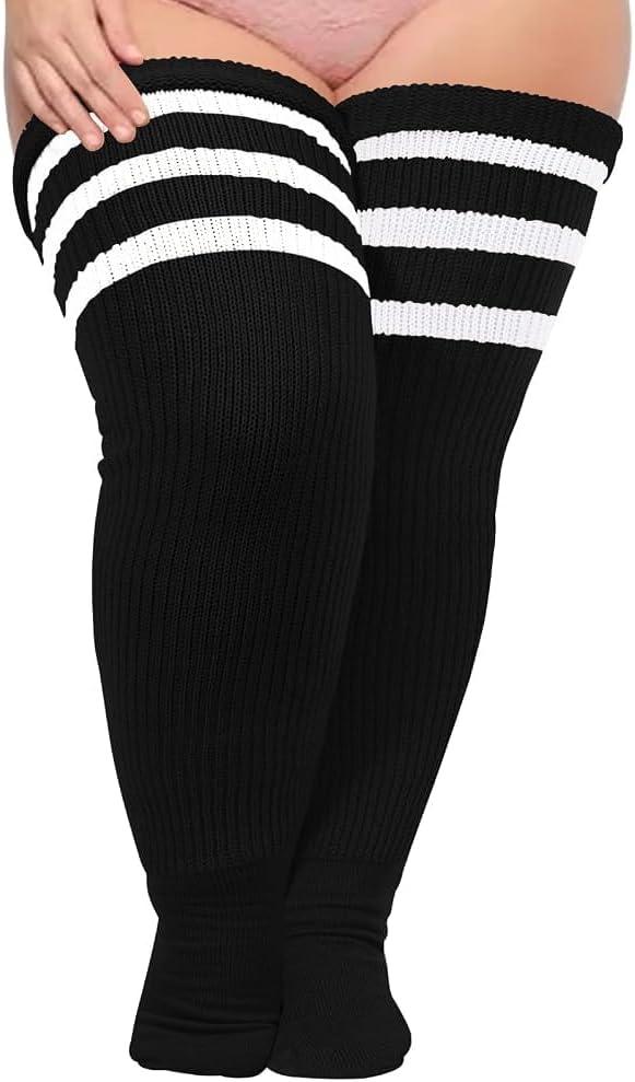 Moon Wood Plus Size Thick Thigh High Socks for Thick Thighs, Extra Long Striped Over the Knee Socks