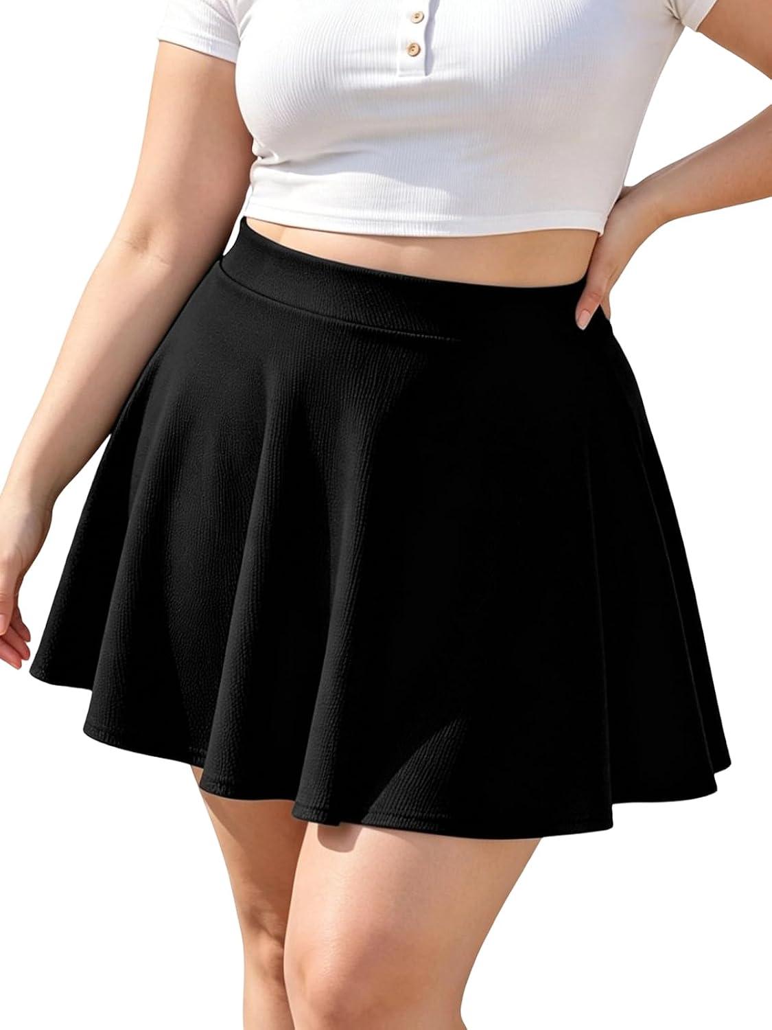 Moon Wood Women's Plus Size Skater Skirt High Waisted Stretchy Flared Casual Mini Skirt