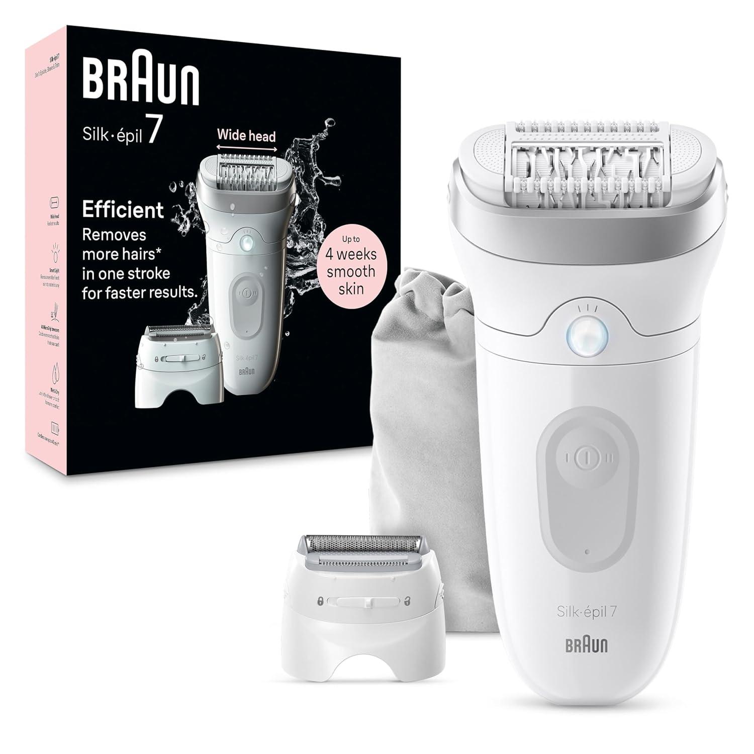Braun Epilator Silk-épil 7, Wet and Dry, Wide Head, Includes Shaver Head and Trimmer Comb, SE7-041