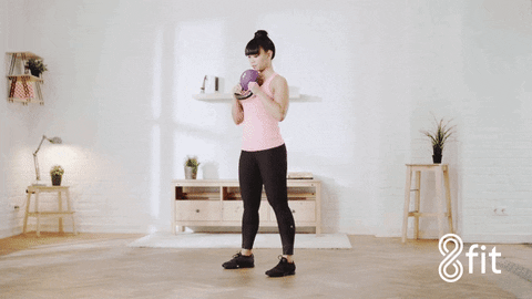 Animated demo of a goblet squat — kettlebell held at the chest, hips sitting back below parallel, drive up through the heels